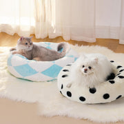 Calming Donut Bed for Cats & Small Dogs-Blue Rhombus
